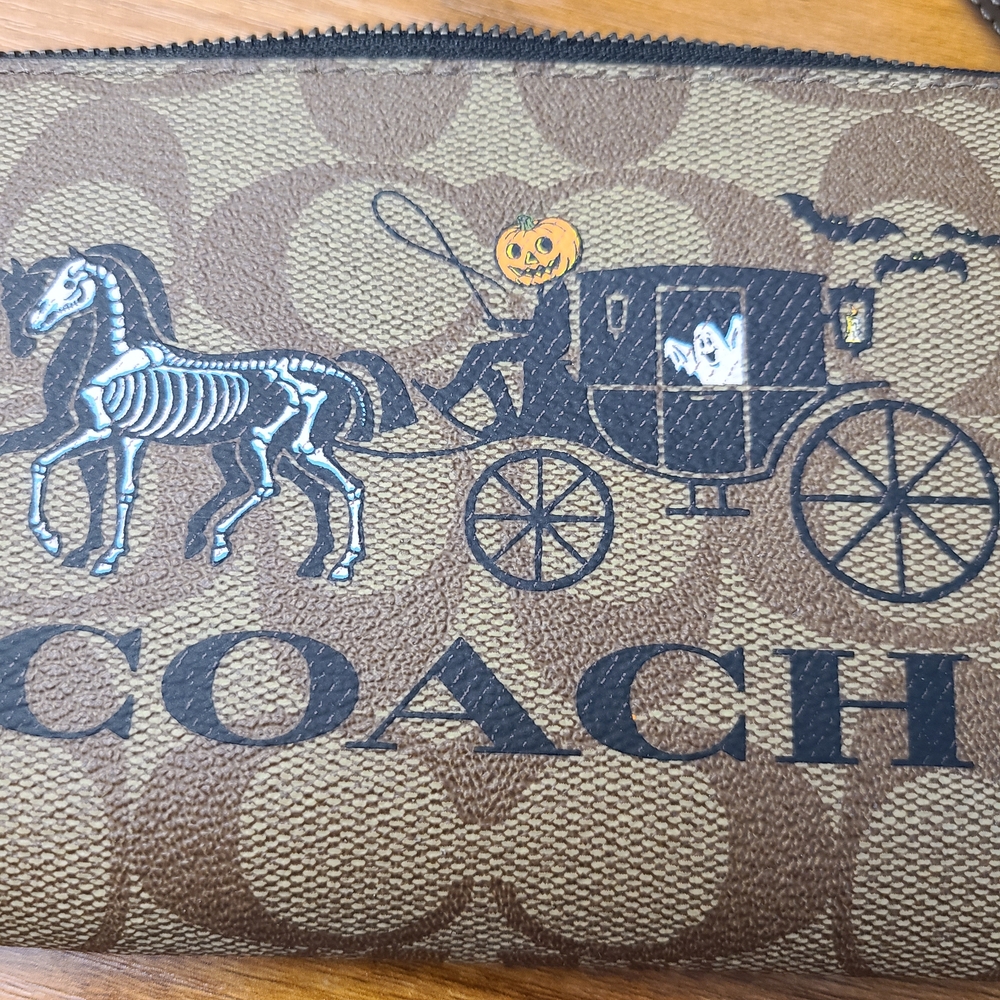 Coach Brown Halloween Clutch with Skeleton Horse and Pumpkin Carriage